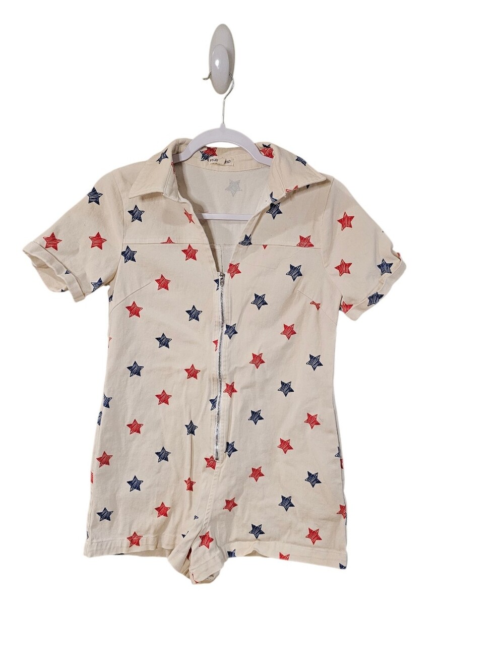 Cream Star Print Zipper Romper — Red & Navy Stars Small